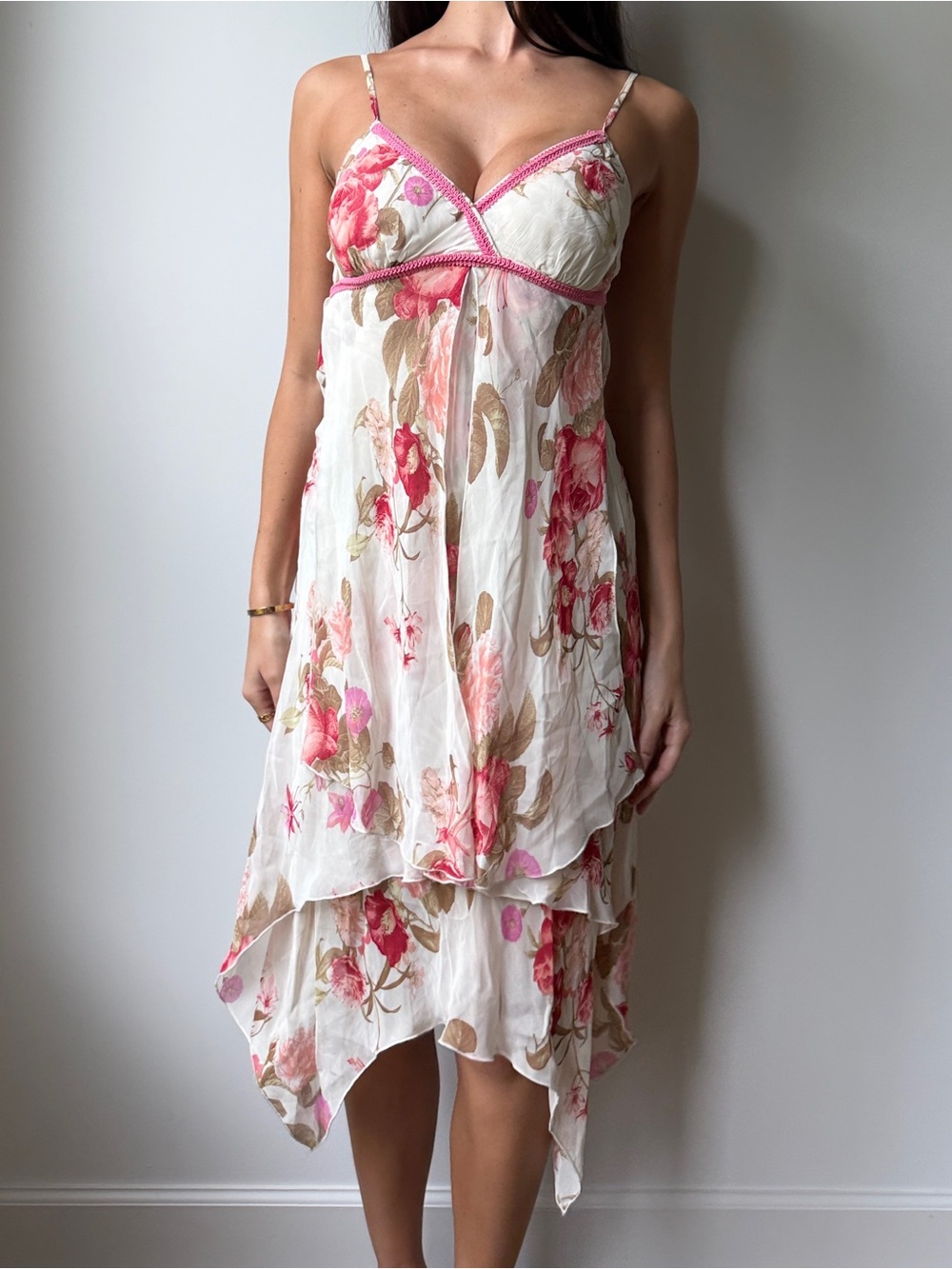 Vintage 3 Suisses Y2K Fairy Dress Bias Cut Rose Floral Chiffon Handkerchief